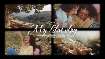 Diapositiva de collage de película de vacaciones, picnic, momentos felices con amigos, vlog de película vintage