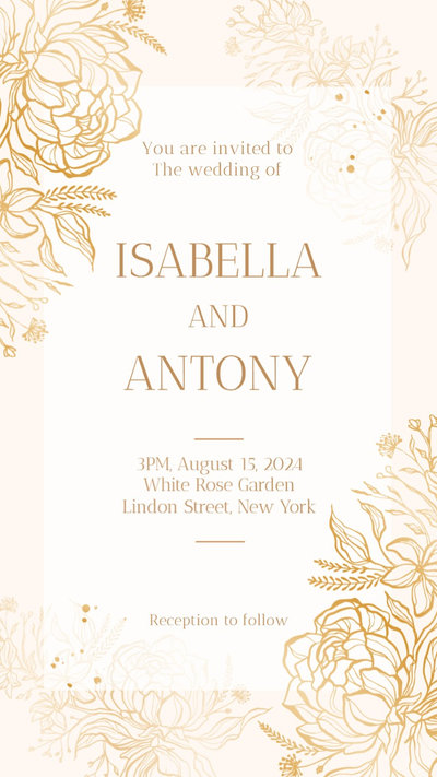 Flower Wedding Instagram Invitation Golden Engraving