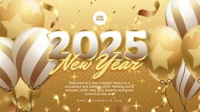 Gold Ballon Gradient Realistic Confetti New Year 2025 Wish Greeting Intro