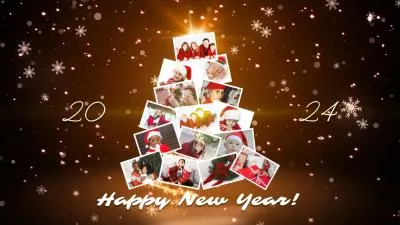 Golden Christmas Light Happy New Year Tree Photo Collage Slideshow Greeting