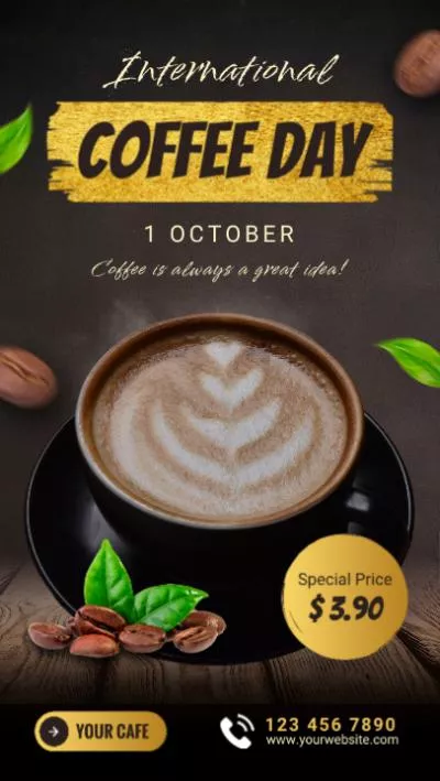  International Coffee Day Green Leaf Brown Bean Gold Brush Cafe Sale Promo Instagram Story