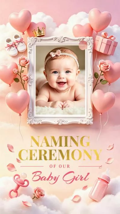 Pink Lovely Girl Naming Ceremony Invitation Love Photo Tiktok Instagram Reel
