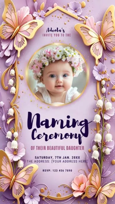 Purple Elegant Butterfly Baby Naming Ceremony Invitation Tiktok Instagram Story