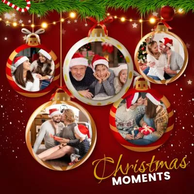  Red Glitter Merry Christmas Tree Family Photo Collage Instagram Post