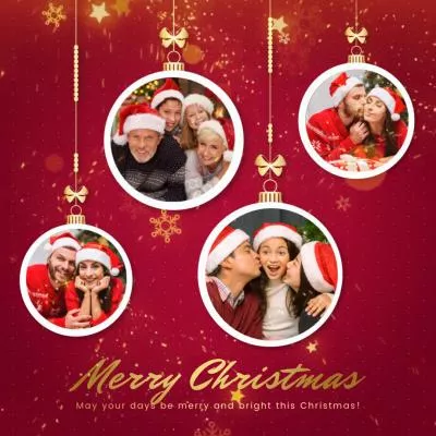 Red Gold Ball Family Photo Collage Merry Christmas New Year Instagram Post