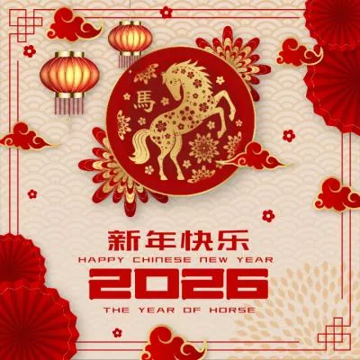赤い提灯の切り絵で2026年の旧正月を祝うソーシャルメディア投稿