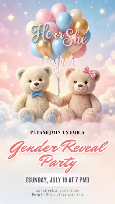 Teddy Bear Dreamy Baby Gender Reveal Invitation Tiktok Instagram Reel